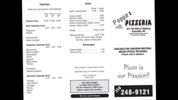 Poppa's Pizzeria menu