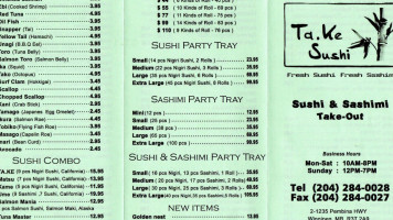 TA-KE Sushi Take Out menu