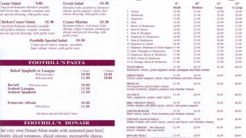 Foothills Pizza & Pasta menu
