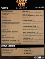 Game On Sports And Grill menu