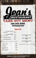 Jean's Restaurant menu