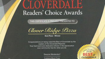 Clover Ridge Pizza menu