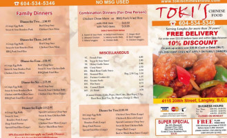 Toki's Chinese Food menu