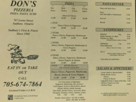 Dons Pizza Sudbury menu