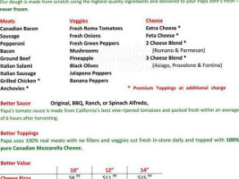 Papa Johns Pizza menu