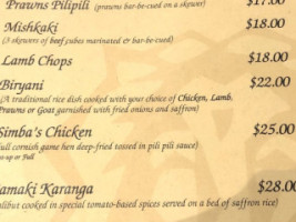 Simba's Grill menu