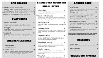 Sasquatch Mountain Resort menu