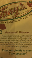 Tony's Pizza Place & Tavern menu