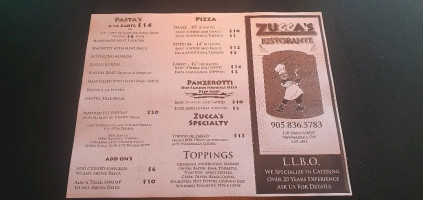 Zucca's And Pizzeria menu